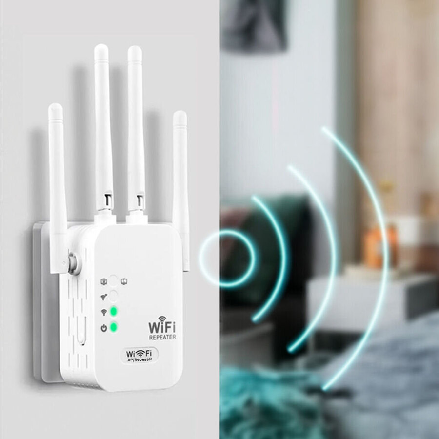 WiFi Boost Pro extender mounted on a wall outlet with its signal LEDs lit