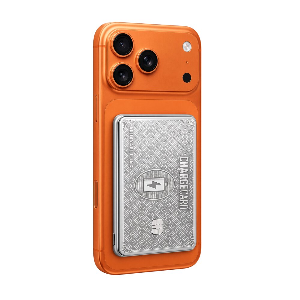 The Wireless ChargeCard in a platinum finish snapped onto the back of an iPhone