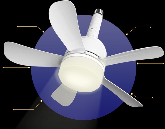 WunderCool light socket fan studio shot showing five blades and the lit LED diffuser