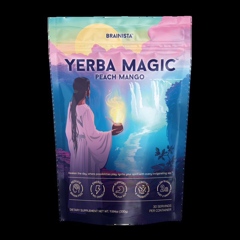 A pouch of Yerba Magic Peach Mango instant yerba mate powder
