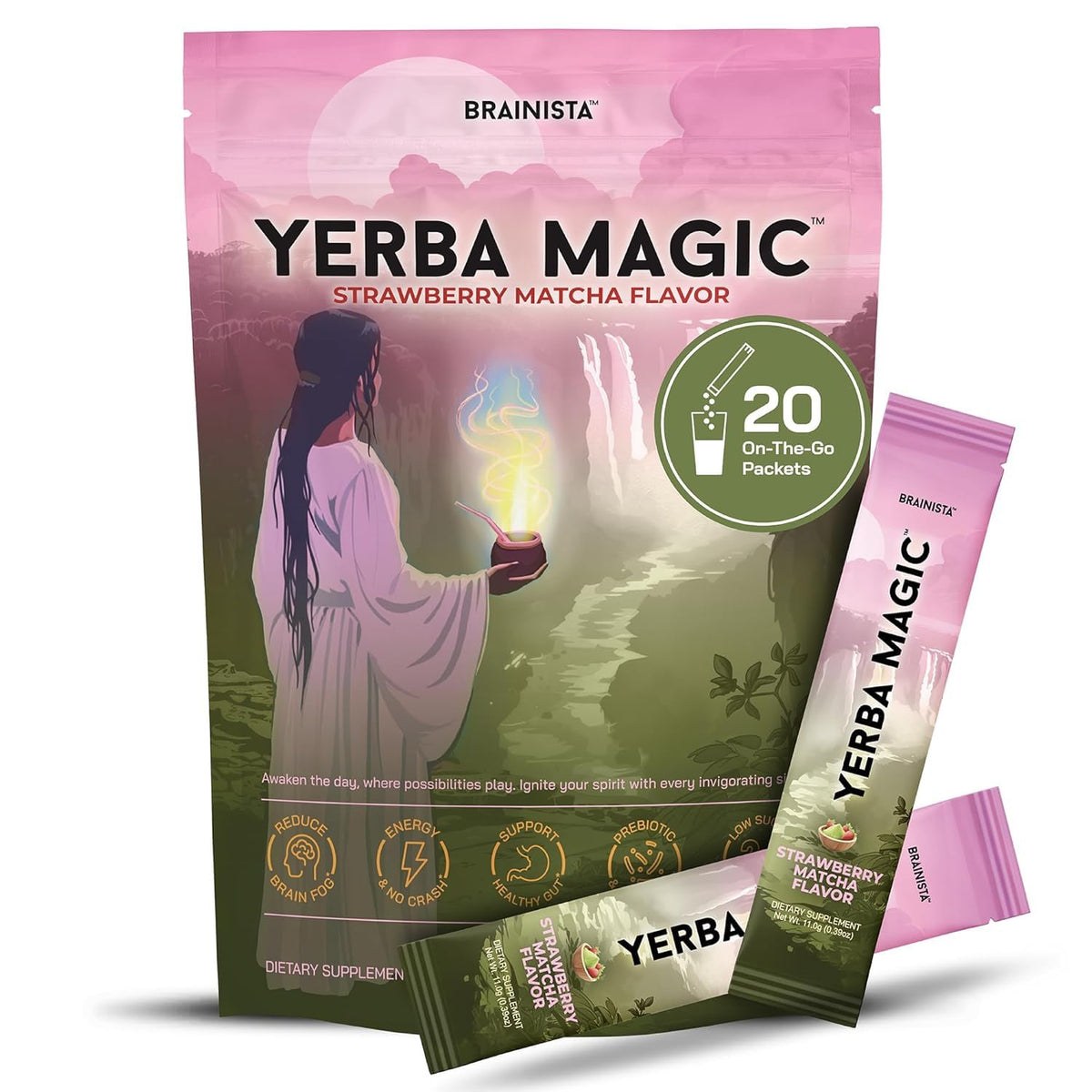 A pouch of Yerba Magic Strawberry Matcha instant yerba mate powder