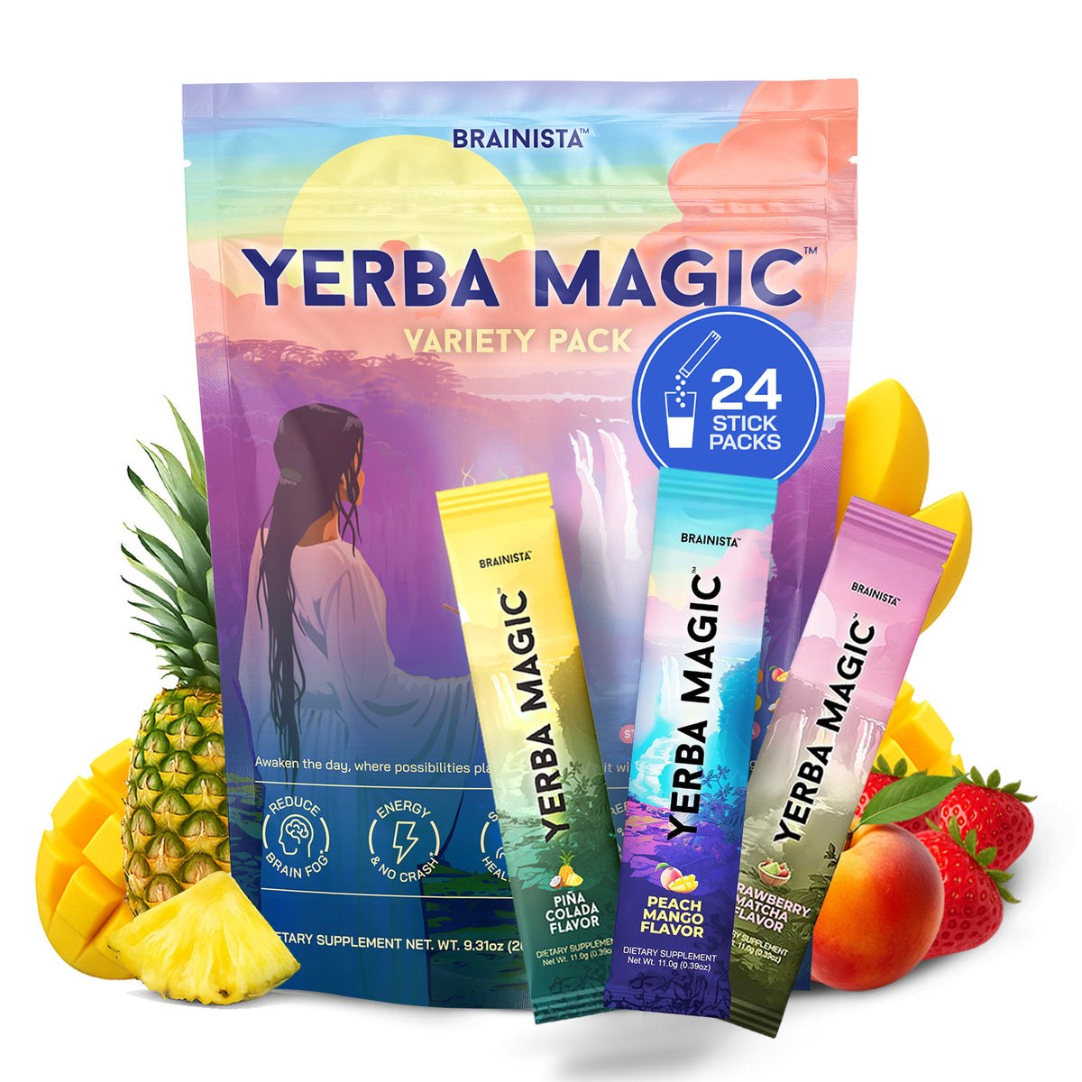 Yerba Magic variety pack with Peach Mango, Piña Colada and Strawberry Matcha yerba mate stick packs