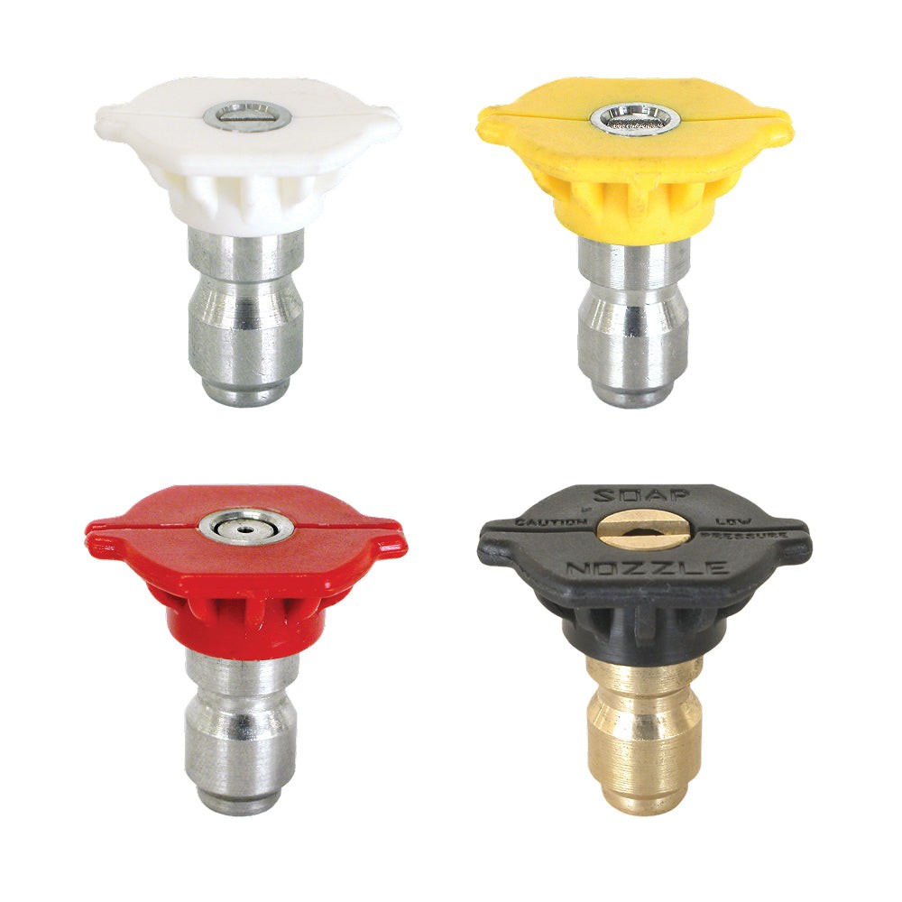 BE Power Equipment quick-connect pressure washer nozzle set with white, yellow, red, and black tips