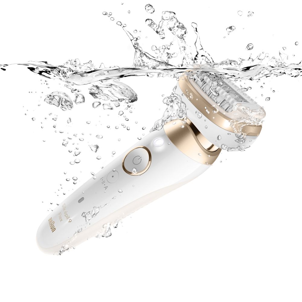 Braun Silk-epil 9 epilator shown with a water splash, indicating wet and dry use