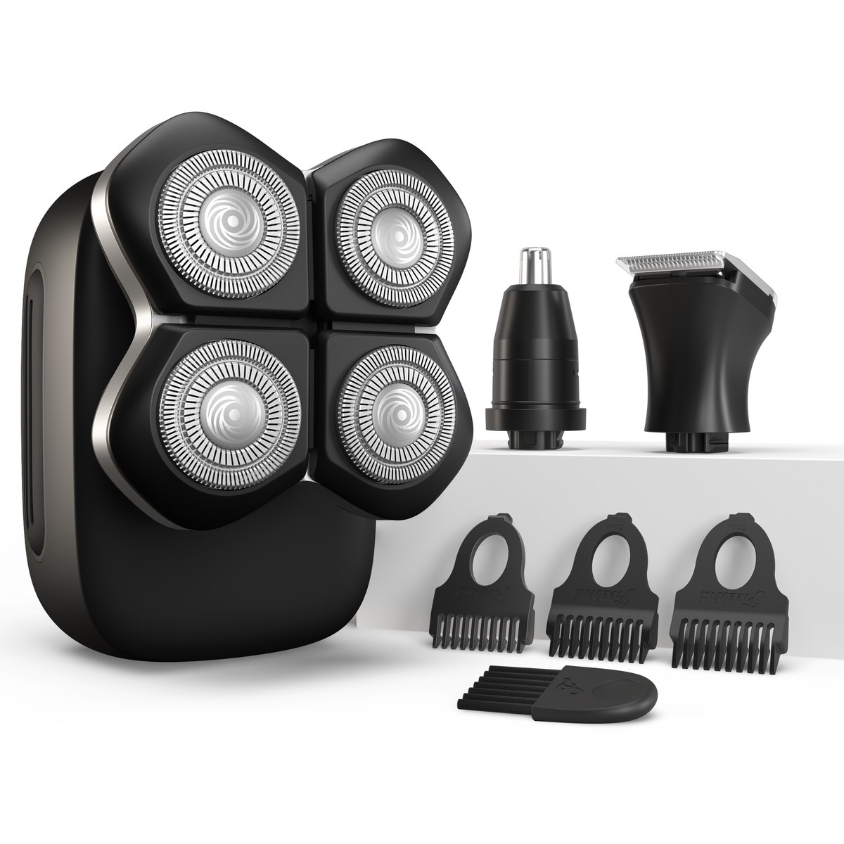 Freebird FlexSeries Pro head shaver showing its four rotary heads with the nose-and-ear trimmer, clipper and guard attachments