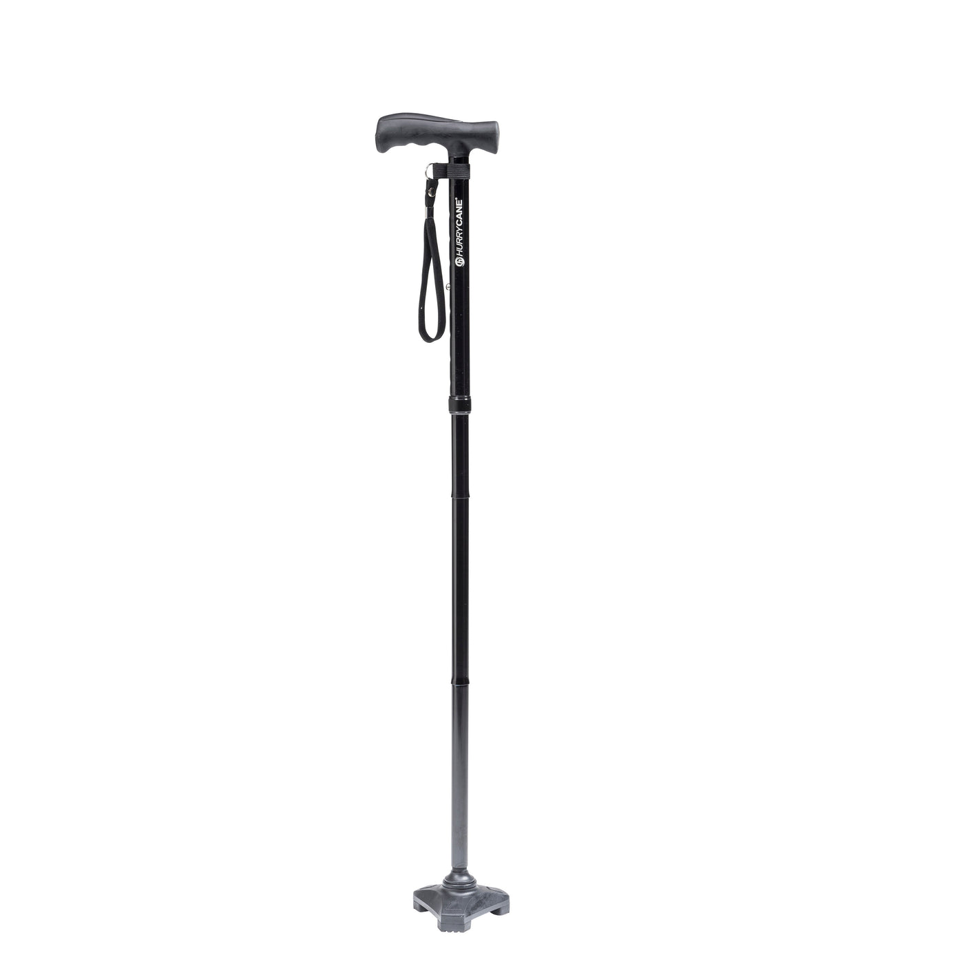 HurryCane Freedom Edition folding cane with its pivoting self-standing base