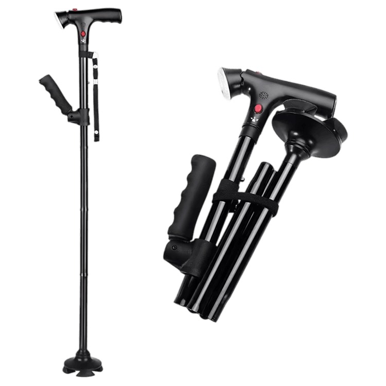 Kizu Smart Cane folding cane with LED handle shown full-length and folded