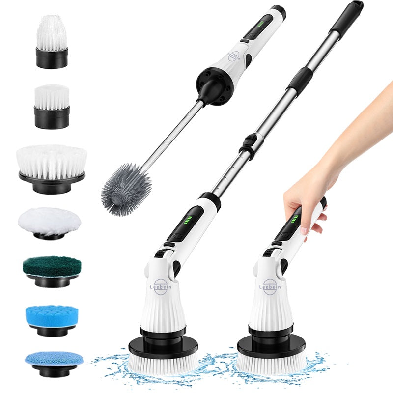 Leebein electric spin scrubber with extendable handle and seven interchangeable brush heads