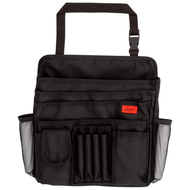 Lusso Gear front seat car organizer, a black fabric caddy with pockets and a carry strap