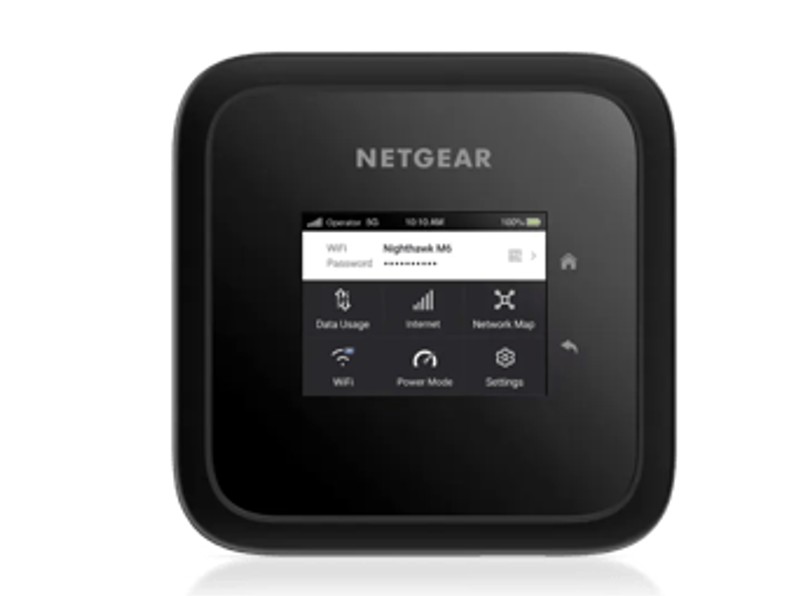 Netgear Nighthawk M6 5G mobile hotspot showing its touchscreen menu