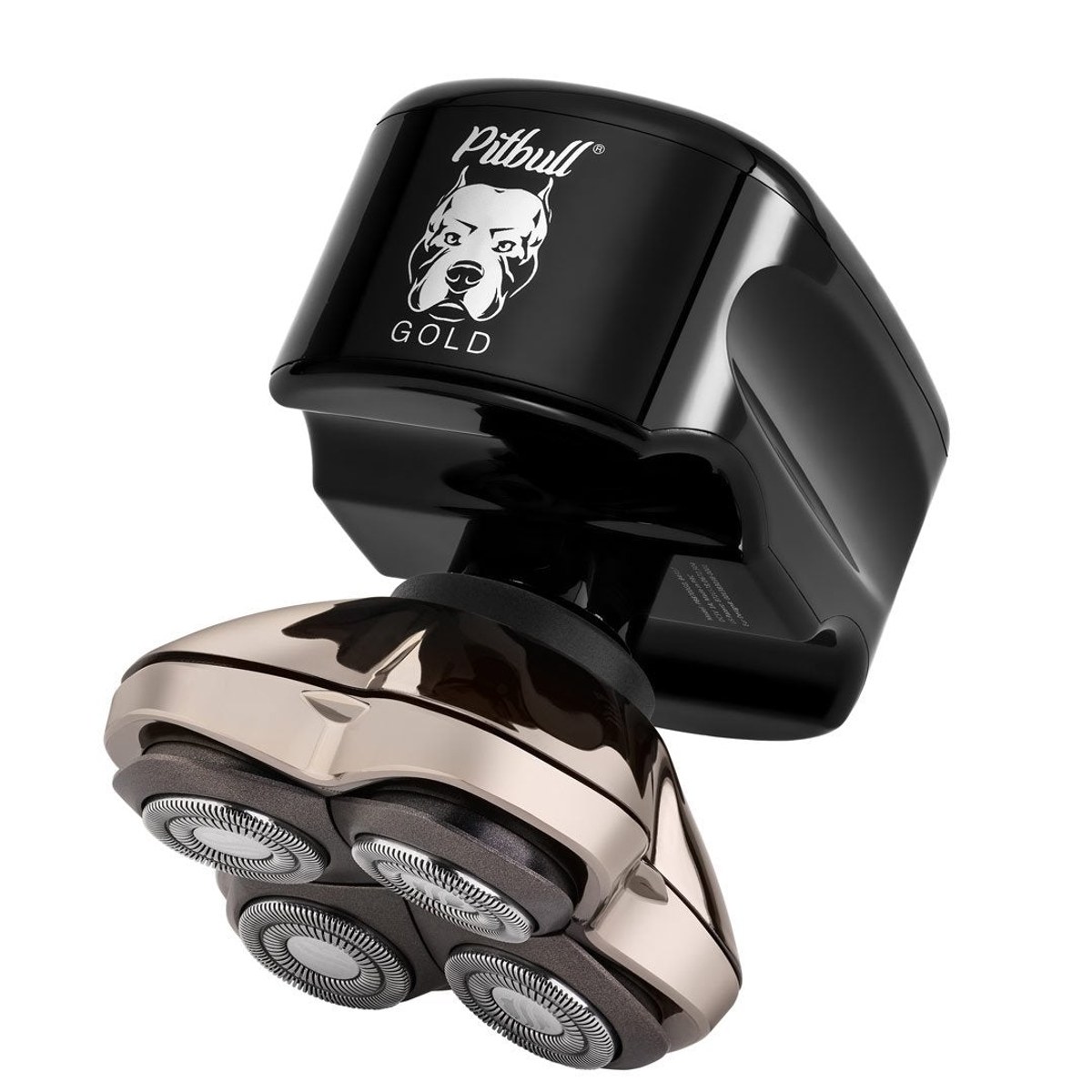 Skull Shaver Pitbull Gold PRO palm-held rotary head shaver with five gold-trimmed rotary heads