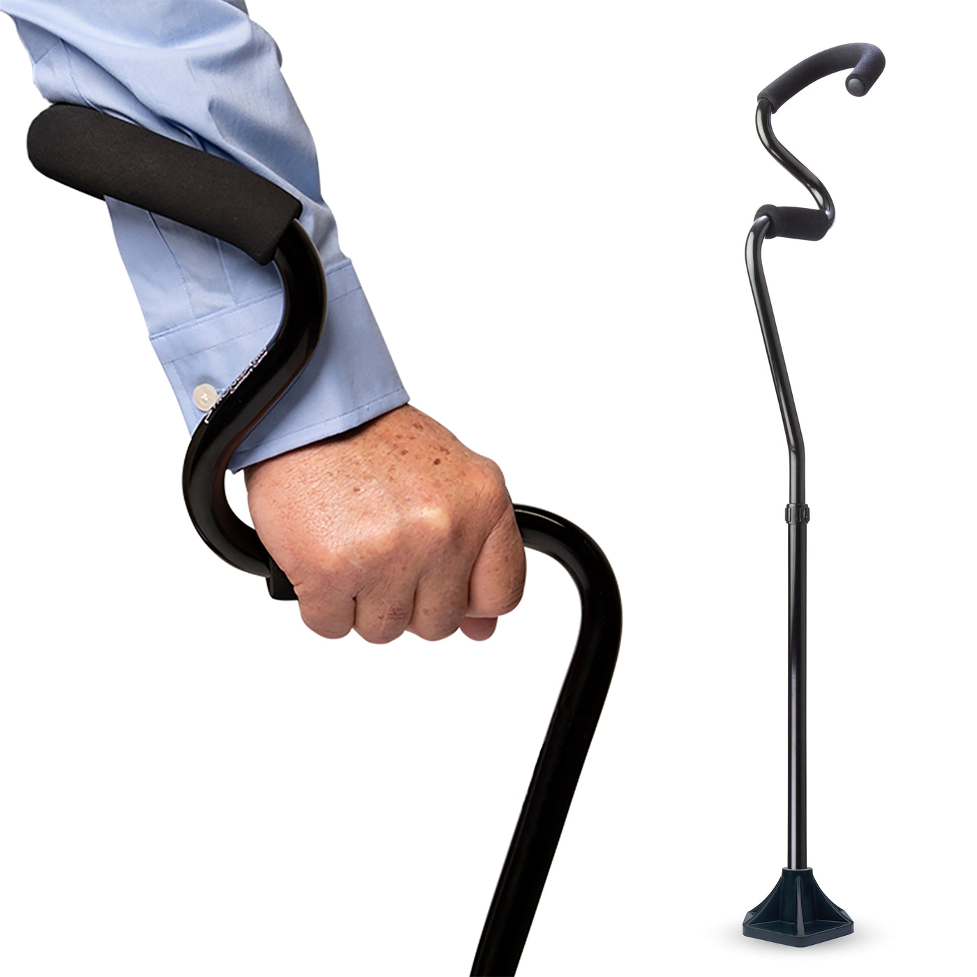 StrongArm Comfort Cane showing its forearm cuff, hand grip, and wide self-standing base