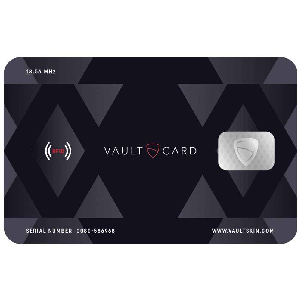 VAULTCARD RFID blocking card by Vaultskin showing its 13.56 MHz jamming design